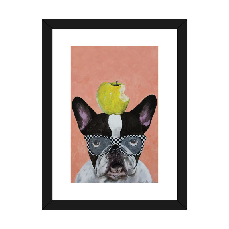 Bouledogue français avec pomme par Coco De Paris - impression d'art graphique, H 32 po x l 24 po x P 1 po, Blanc
