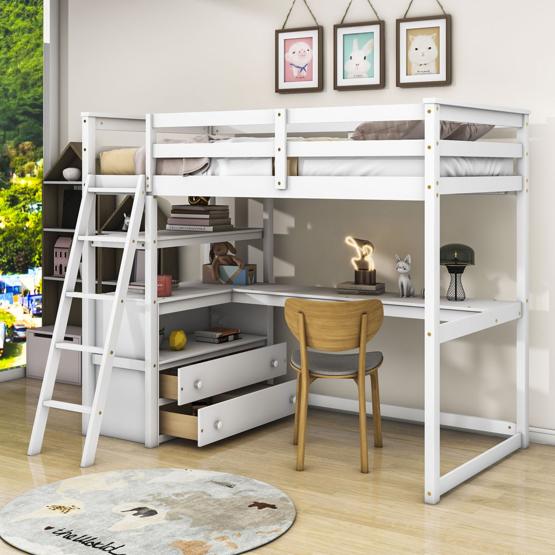 Twin Size 2 Drawers Wooden Loft Bed With Shelves And Built-In Desk Harriet Bee 