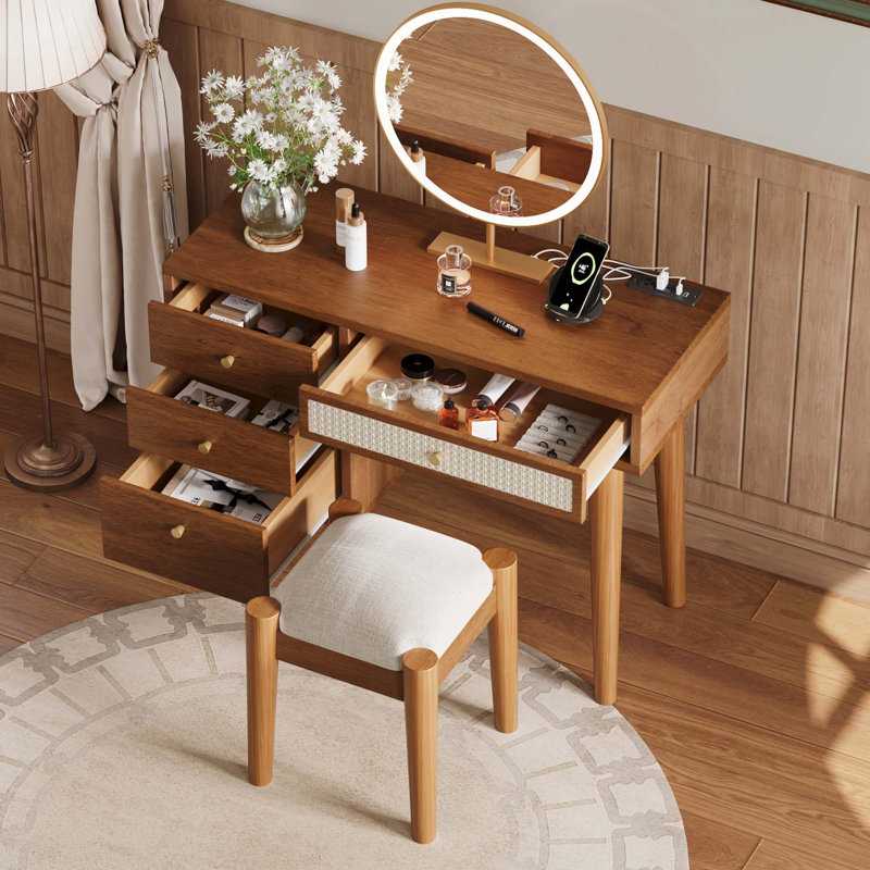 Ensemble de coiffeuse en bois de style bohémien 39 "avec prise de charge, port USB et tabouret, coiffeuse avec 3 tiroirs de rangement et 1 tiroir rectangulaire en rotin