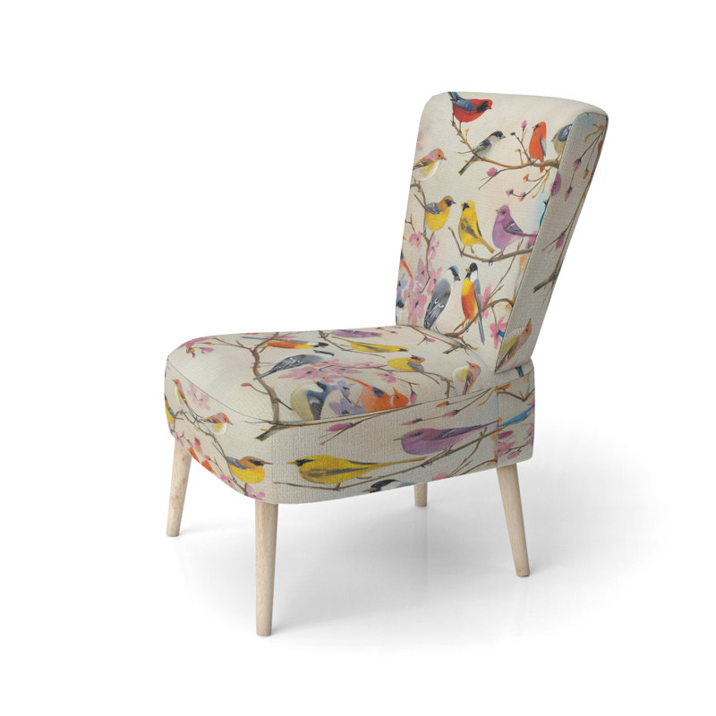 Chaise d'appoint rembourrée multicolore Bird on Tree - Farmhouse, Mélange de polyester crème
