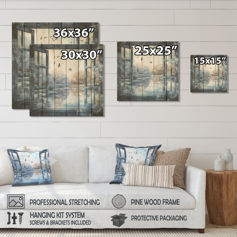 Winter Window By The Lake - Paysage d'hiver sur bois, H 15 po x l 15 po