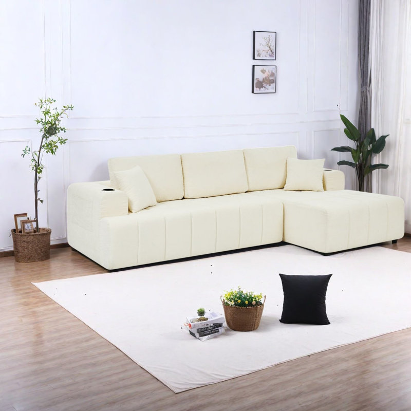Canapé d'angle à compression, 274 cm (108 po), en chenille beige, style moderne, Beige 1