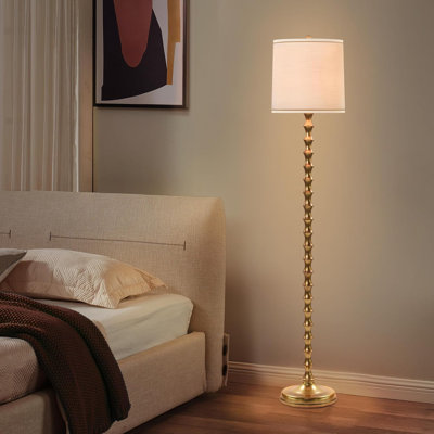 64.5" Antique Gold Floor Lamp With Linen Shade - Classic Bamboo Design For Living Room, Bedroom, Office