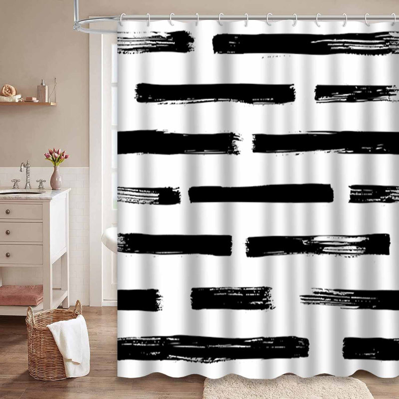 Rideau de douche abstrait sans couture noir et blanc avec 12 crochets, L 72 po x l 84 po