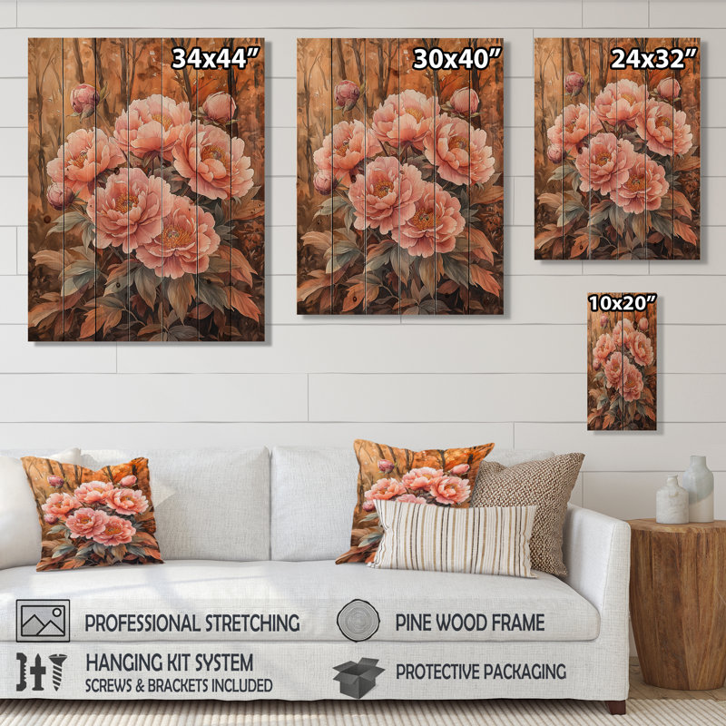 Pivoines et forêt d'automne I - Art mural en bois pivoines - sur bois de pin naturel, H 20 po x l 10 po x P 0,78 po