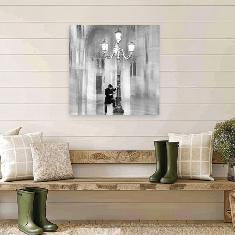 Man By Lamppost Classic Elegant Gothic Architecture City Wall Art Print 1 Piece Wrapped Canvas Wall Art