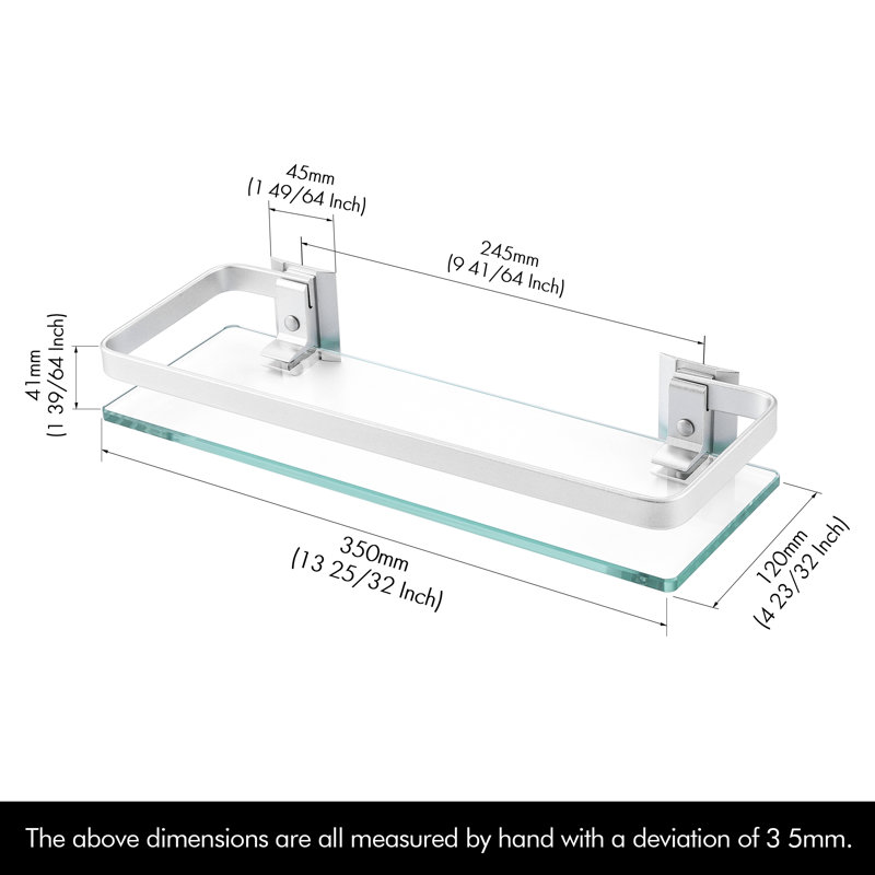 Tablette murale rectangulaire en verre avec rails en aluminium argenté, tablette flottante en verre trempé très épais pour le rangement dans la salle de bain
