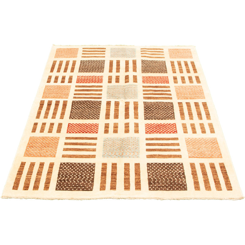 Tapis décoratif en laine noué à la main de conception unique 5 pi 7 po x 8 pi 3 po Dianela Ivoire/brun