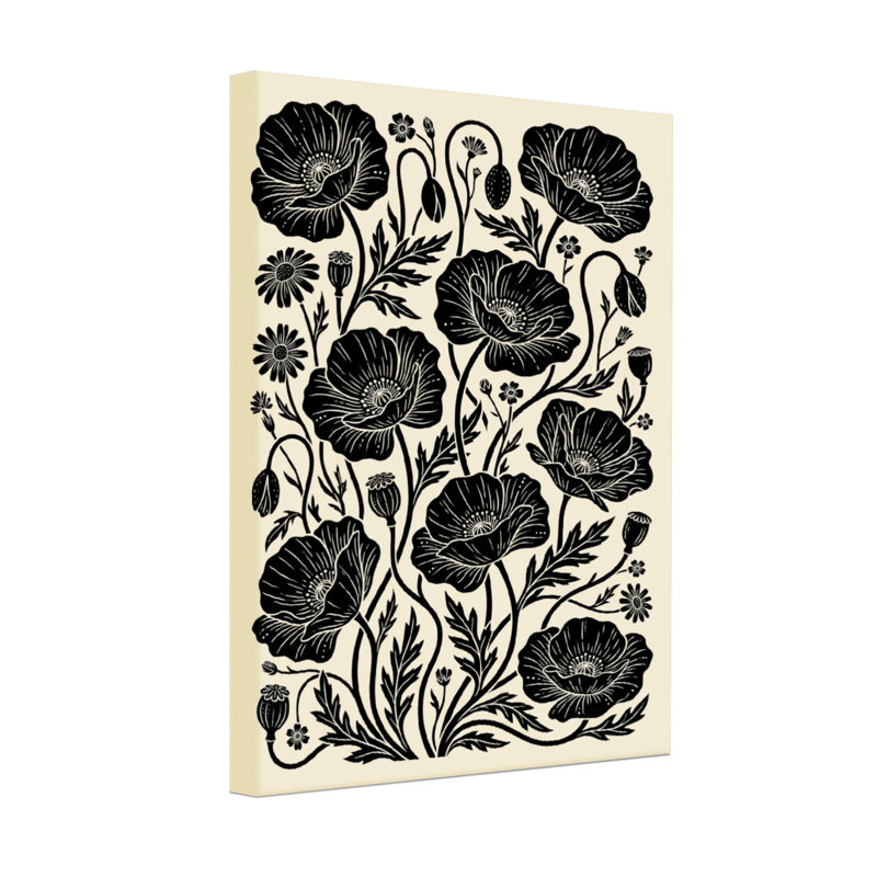 Plantes et fleurs - motif floral coquelicot noir sur fond crème, H 18 po x l 12 po