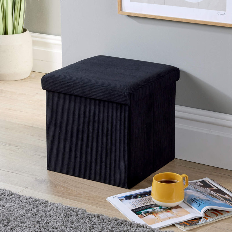 Peider 38cm Square Corduroy Fabric Storage Ottoman, Black