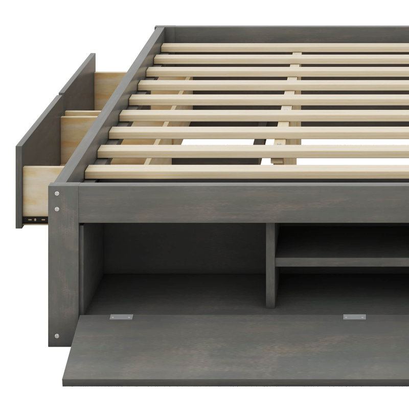 Queen Size Platform Bed Frame With 4 Storage Drawers And Hydraulic Lift Footboard Storage, Antique Gray
