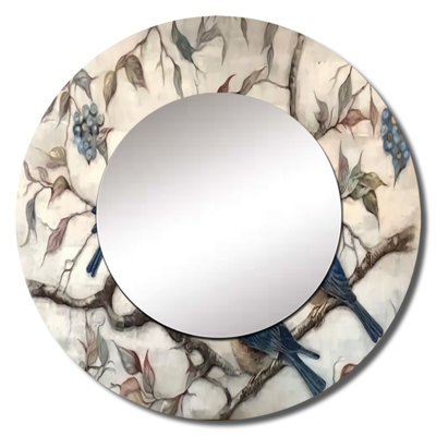 Four Vintage Blue Birds On A Branch II - Bird Large Wall Mirror, Modern Round Decorative Mirror, Printed Metal Art