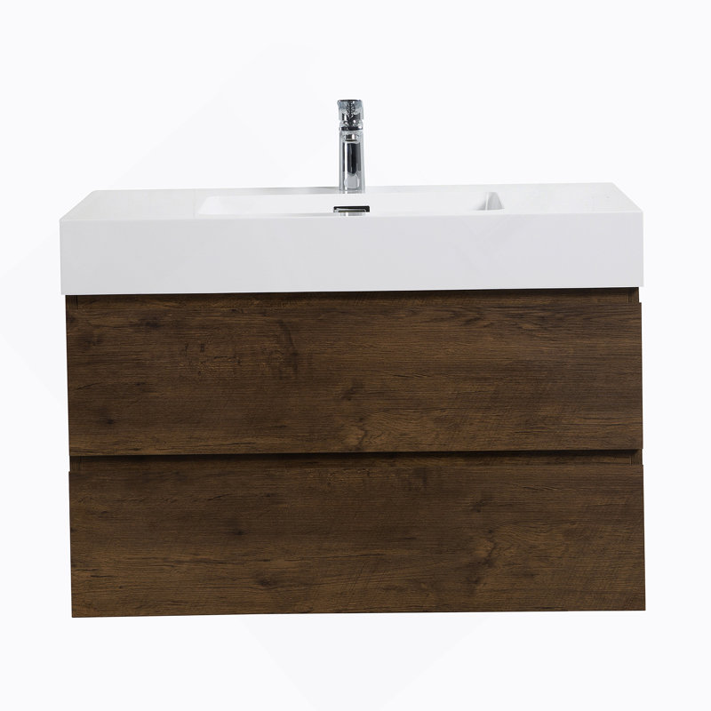 Meuble-lavabo mural flottant avec lavabo et rangement spacieux, Noyer, 36", Blanc