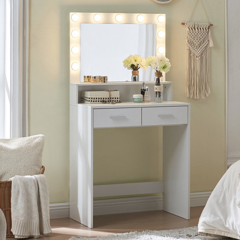 Vanity Desk with Mirror and Lights, Dressing Table with Large Drawer, White