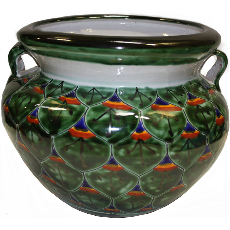 Small Green Peacock mexican Talavera Pot, 9" H x 10.5" W x 10.5" D
