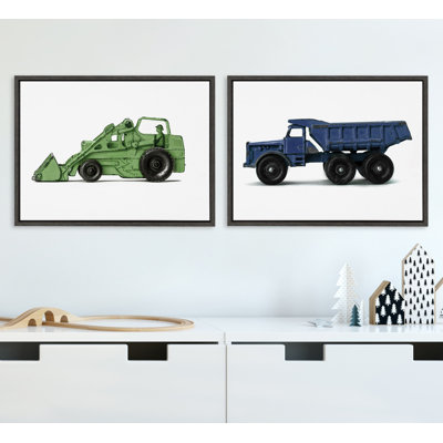 Vintage Toy Tractor Green and Vintage Toy Dump Truck Blue by Saint and Sailor Studios Framed Canvas Wall Art Set