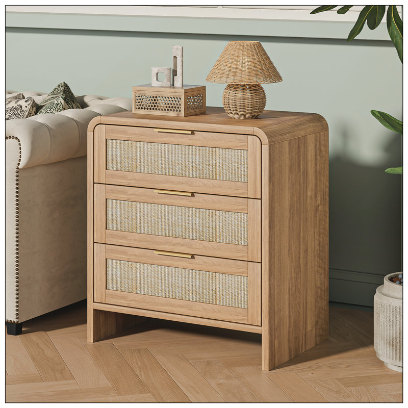 Table de chevet courbée en rotin avec 3 tiroirs pour la chambre à coucher, Caramel, Individuel