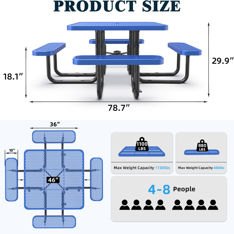 Table de pique-nique carrée bleue de 46 pouces avec trou pour parasol, Bleu
