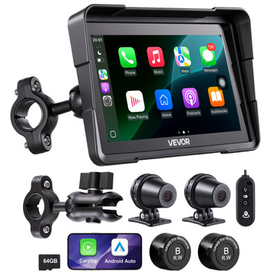 7 Inch Wireless Motorcycle Carplay with Apple Carplay & Android Auto, HD Touchscreen GPS Navigation System with Dual Cameras & Bluetooth, TPMS, Voice Control, 64GB Card - Fits All Motorcycles
