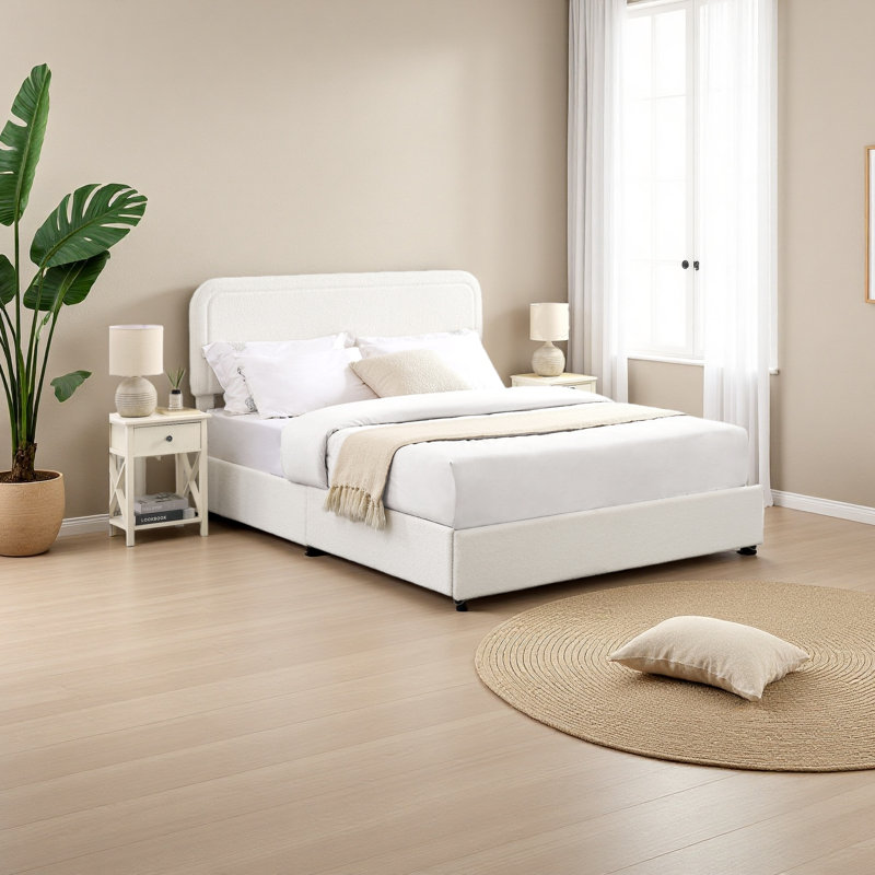Lit plateforme tapissier grand format ivoire avec rangement breveté à 4 tiroirs, tête de lit capitonnée à coutures courbées, sommier à lattes en bois, aucun sommier nécessaire