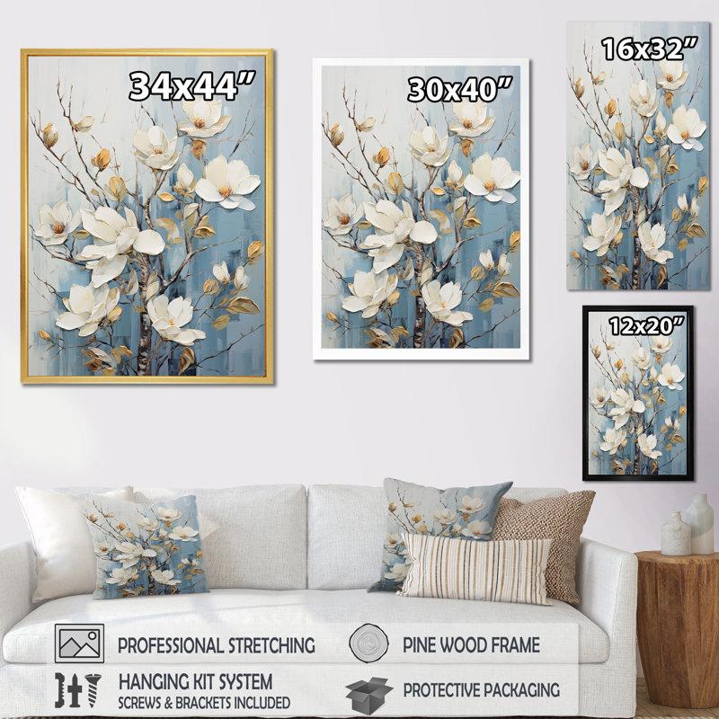 «White and Blue Magnolia Blossom Beauty IV», reproduction sur toile, Cadre simple noir, H 40 po x l 30 po x P 1,5 po