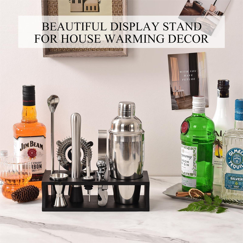 Ensemble barman pour bar à cocktails avec support 17 pièces Ensemble pour bar à boissons Accessoires pour chariot de bar: Martini Shaker, mélangeur, jigger, broyeur, crépine et cadeaux de recettes