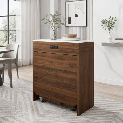 74-inch extendable dining table, equipped with power socket, lockable casters and small space storage cabinet, with a pull-out tabletop kitchen island
