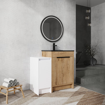 Meuble-lavabo autoportant de 36 pouces avec lavabo en céramique noire et armoires de rangement, porte à fermeture douce