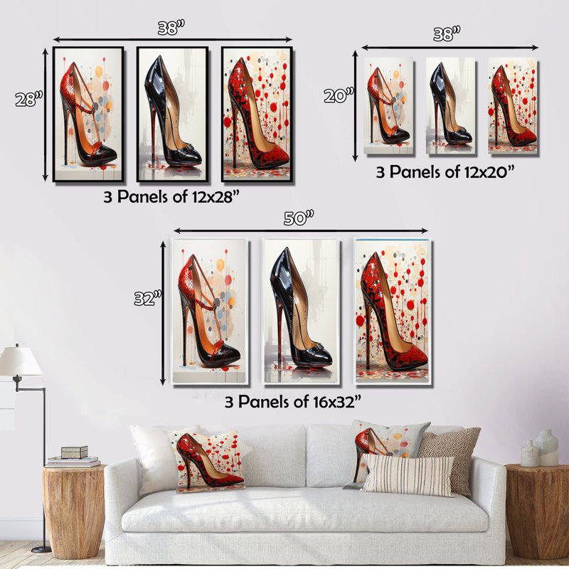 «Black And Red High Heels Symphony V», 3 pièces sur toile, H 40 po x l 60 po, Cadre blanc