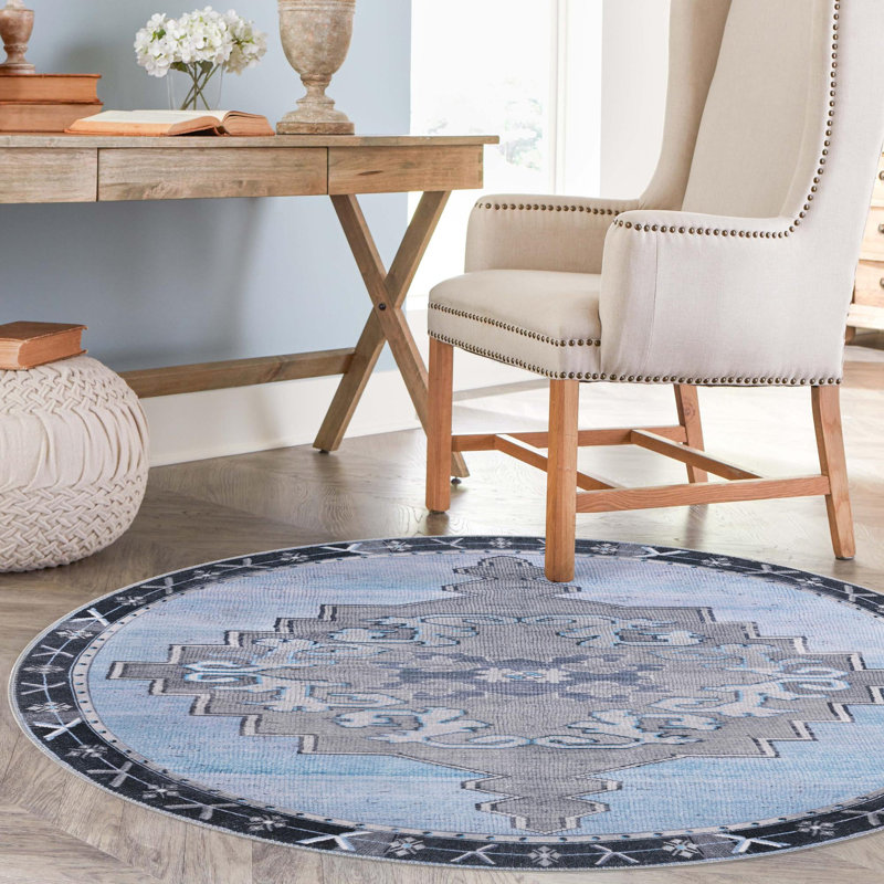Tapis traditionnel de couleur gris-bleu, Rond 5 pi