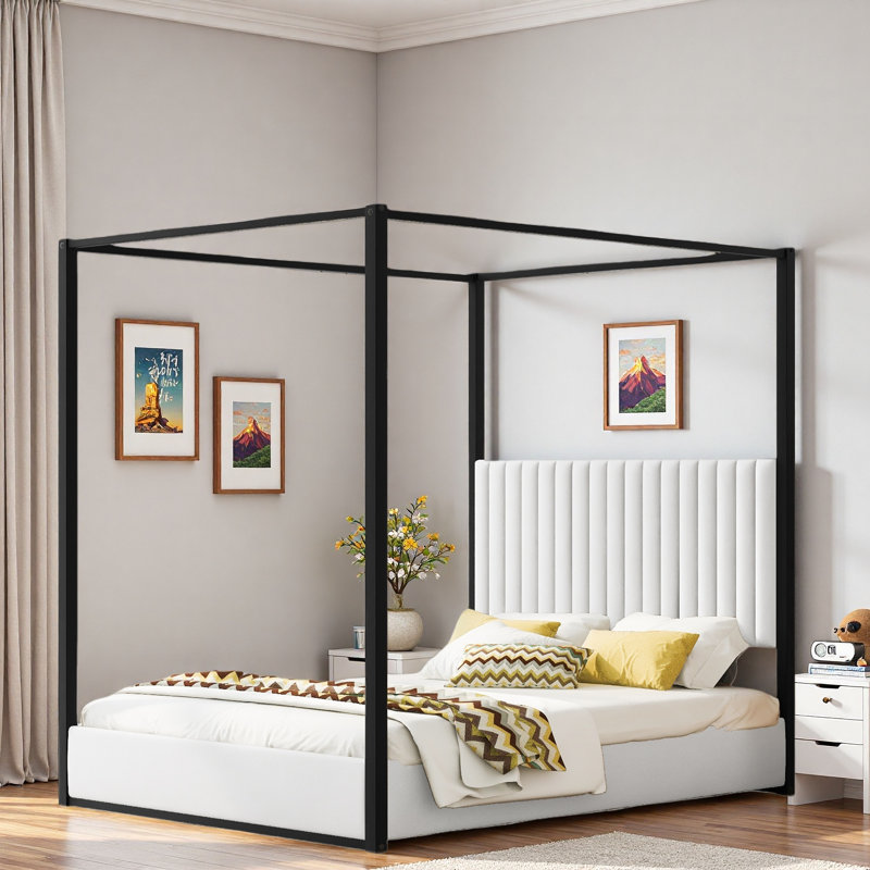 Lit plateforme à baldaquin avec tête de lit tapissier et structure en métal Upholstery, Blanc/Noir