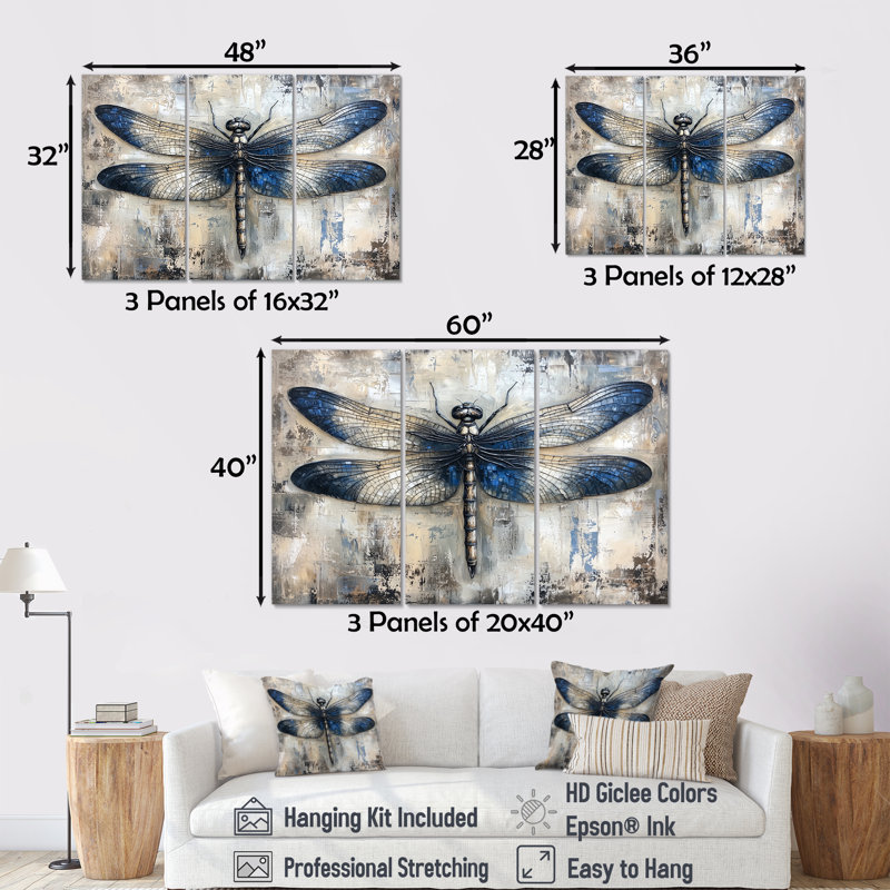 Ensemble de décoration murale libellule bleue, éclair de lune III - Libellule, Toile tendue, H 40 po x l 60 po x P 1 po
