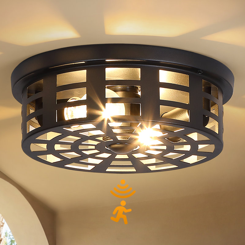 11"d 2-light Black Motion Sensor Flush Mount Ceiling Light With Open-air Design, 360° Detection, Adjustable Timer