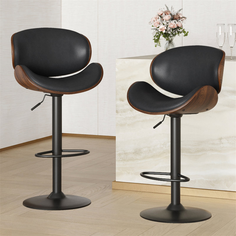 Ensemble de 2 tabourets de bar pivotants en bois cintré à hauteur réglable avec siège rembourré en similicuir, Noir