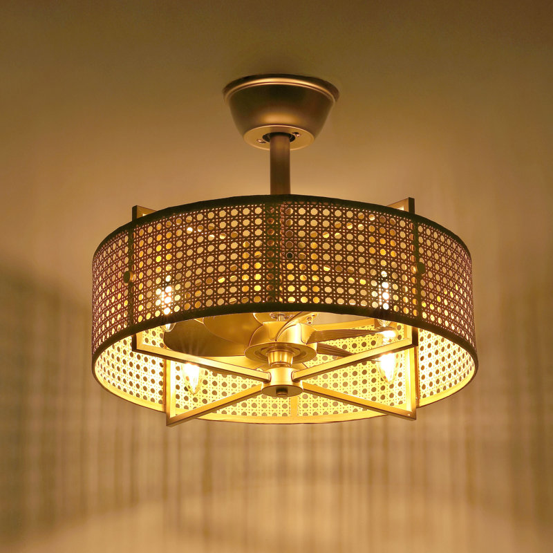 18" Rattan Caged Ceiling Fan with Light Kit and Remote Control, Gold