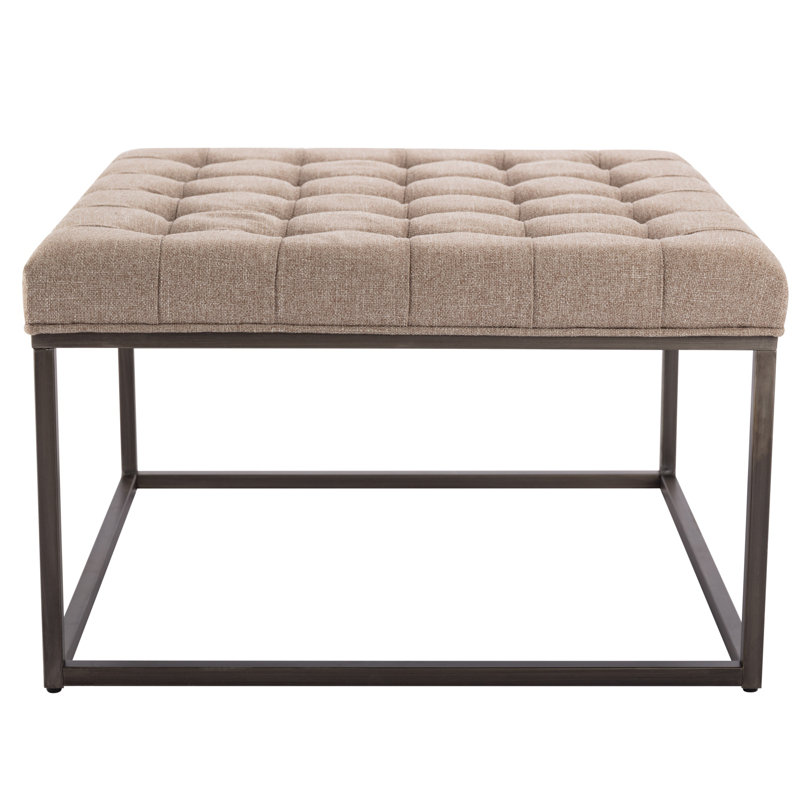 28" Square Button Tufted Metal Ottoman With Multiple Fabric Options, Beige Polyester