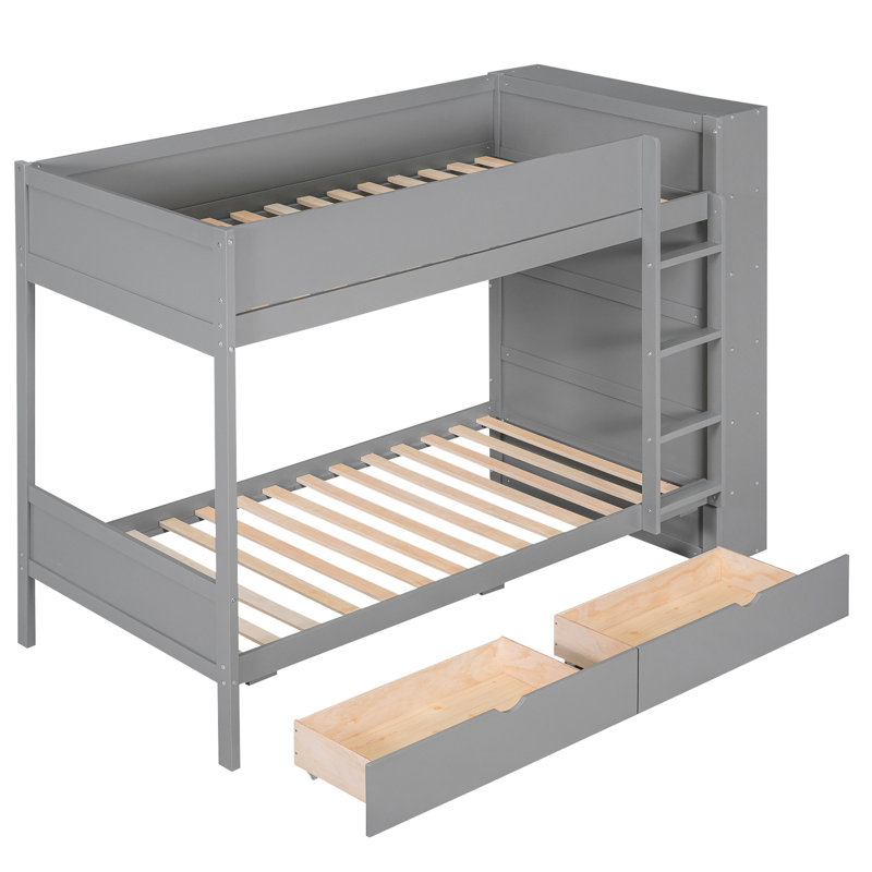 Lit superposé simple gris avec solution de rangement efficace - 2 tiroirs et armoire multicouche en grand, Gris