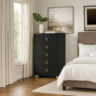 Lati Tall Dresser Chest, 5 Drawers, Black Wood