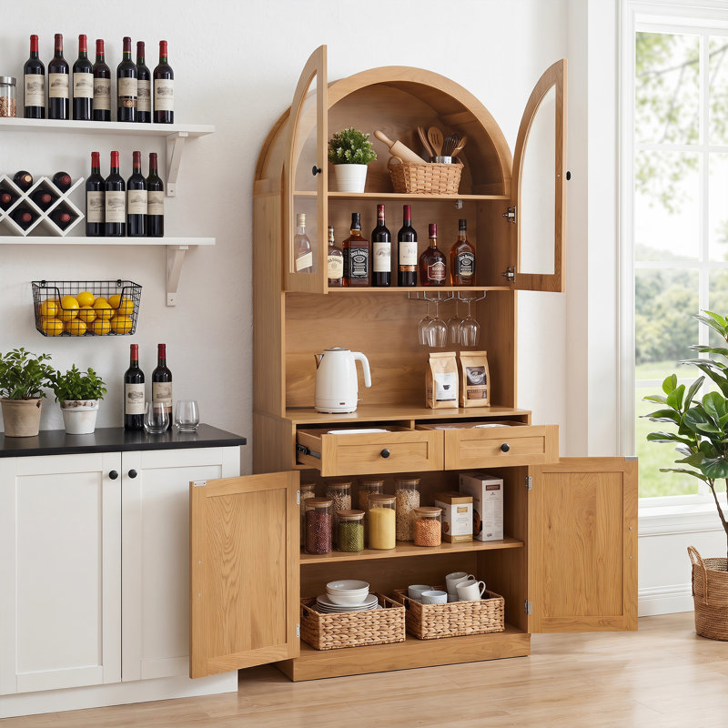 Armoire de rangement haute et cintrée avec station de recharge et tablettes ajustables, Chêne
