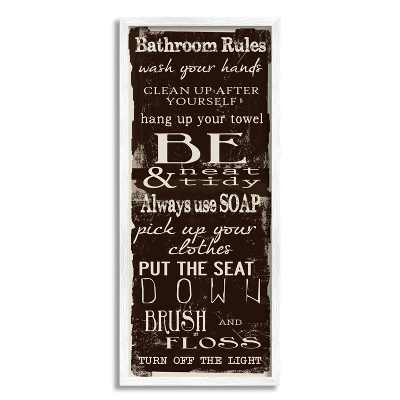 «Bathroom Rules Chocolate White» par Taylor Greene - impression d'art textuel, H 24 po x l 10 po x p 1,5 po, Toile tendue