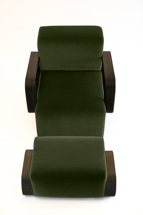 Cayenne Chair with Ottoman, Evergreen Velvet, Brown Oak
