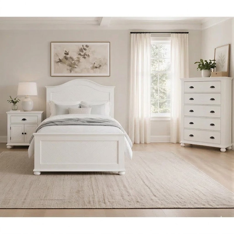 Govia Panel Bedroom Set In White, Twin, 3 Pcs: Bed, Chest, Nightstand