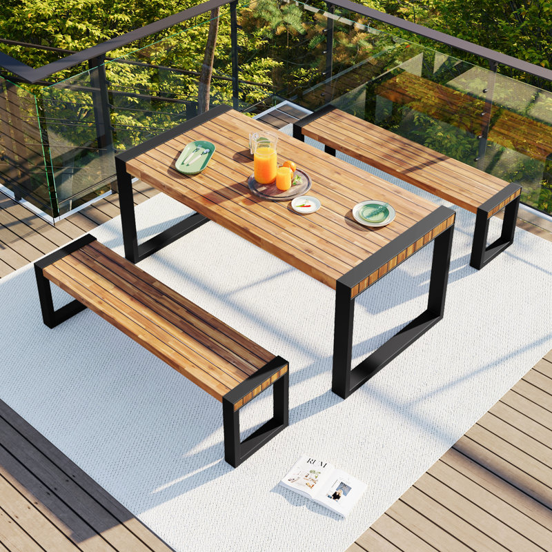 Ensemble de table de salle à manger d'extérieur 3 pièces avec 2 bancs
