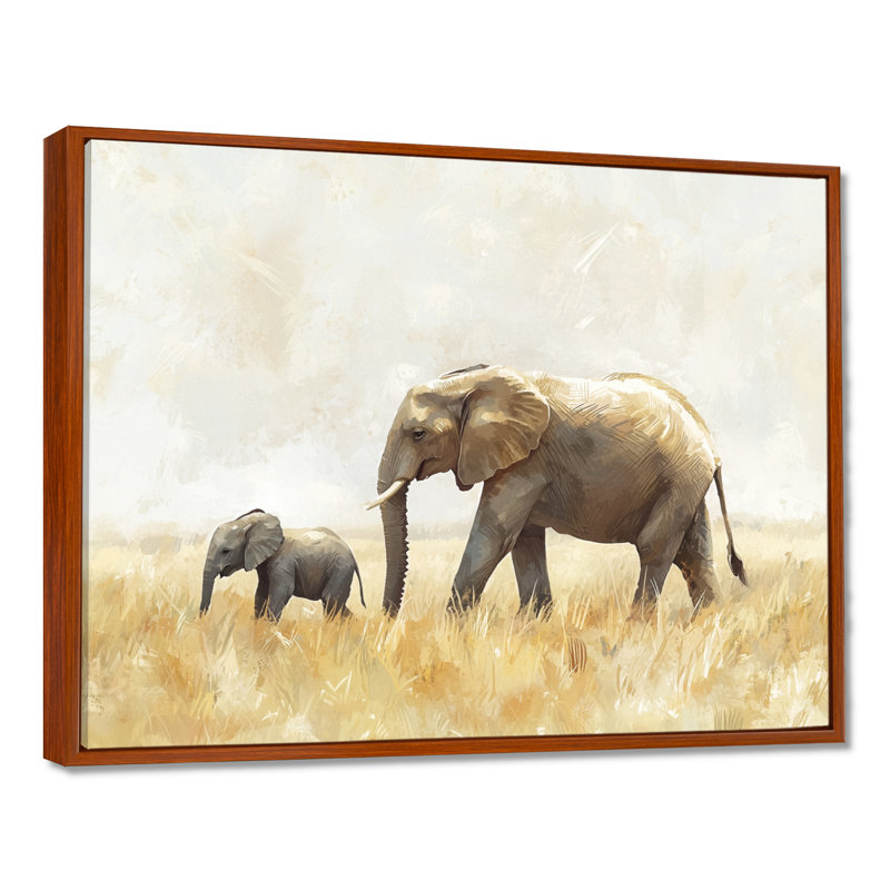 Éléphant avec son bébé en Afrique - Éléphant, art mural, H 34 po x l 44 po, Impression encadrée flottante, Brun