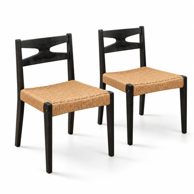 Set of 2 Mid-Century Armless Side Chairs, Solid Wood Frame with Hand-Woven Wicker Seat, Indoor Outdoor Dining Chairs with Hollow-Cut Backrest, Sturdy Wear-Resistant Construction