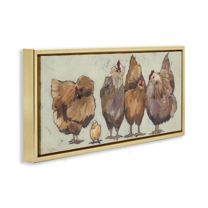 "Brown Hens and Chick", art mural encadré flottant par Michele Norman, Cadre flottant métallique doré, H 14 po x l 31 po