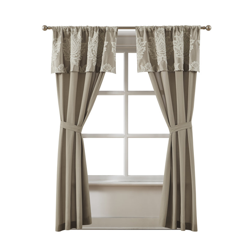 Therese Rod Pocket Damask Curtain Pair with Attached Valances