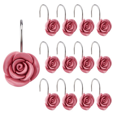 Crochets de rideau de douche Rose, 12 crochets décoratifs en résine antirouille pour salle de bain, chambre de bébé, chambre à coucher, décor de salon (rose)