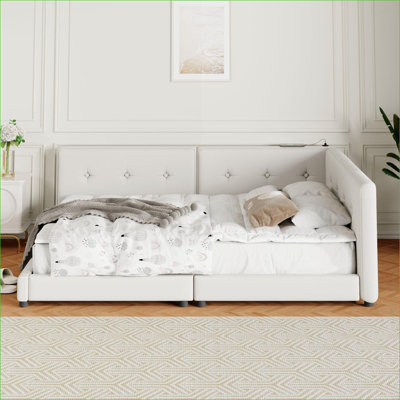 Grand lit plateforme en bois aggloméré en lin, sans sommier avec ports USB pour chambre d'amis
