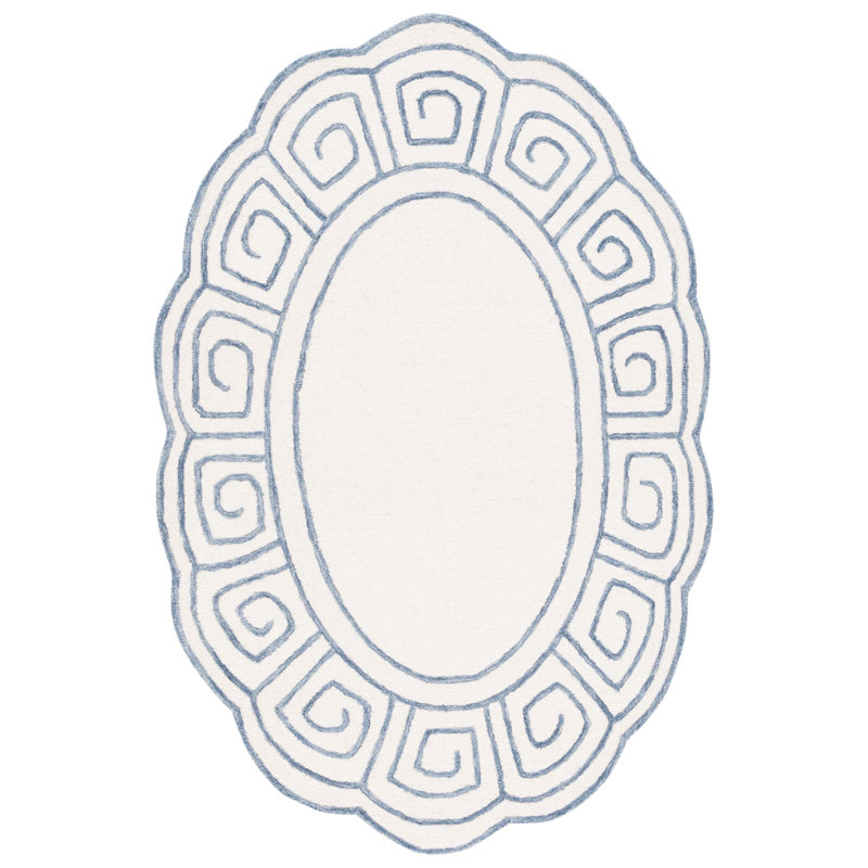 Novelty Gregorey Hand Tufted Wool/Cotton Geometric Rug in Ivory/Blue, Oval 3' x 5'